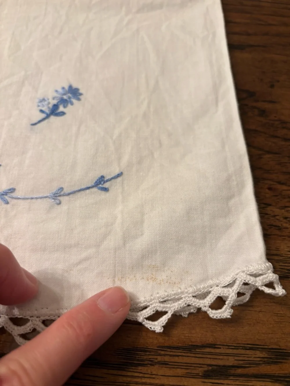 Pair Vintage Hand Embroidered Cotton Pillowcases Blue Floral Cottage Heirloom